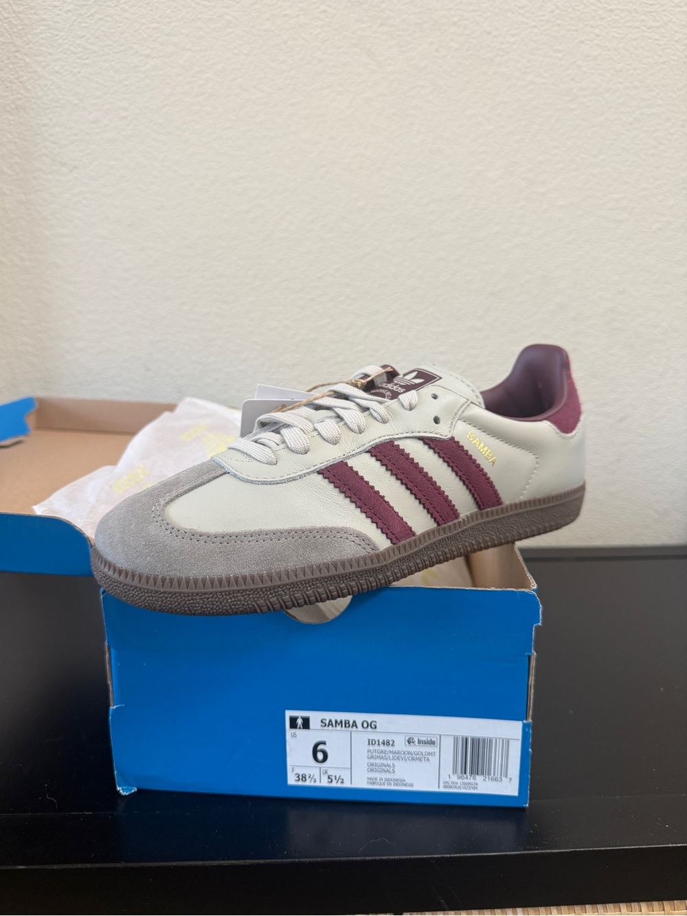 Adidas Samba OG Sneakers in Cream, Gray & Burgundy, size men’s 6